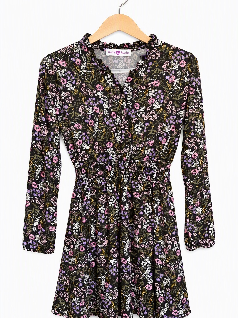Bella & Birdie Black Pink Purple Smocked Waist Ruffle Neck Dress Floral L 12-14Y